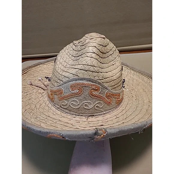 Vintage Straw Hat Woven With Design Embroidered Orange‎ Yellow Small 7" Opening - Picture 16 of 16